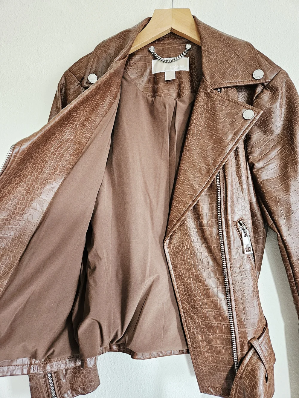 Michael Kors Women's Brown Faux Croc Moto Jacket with Belt